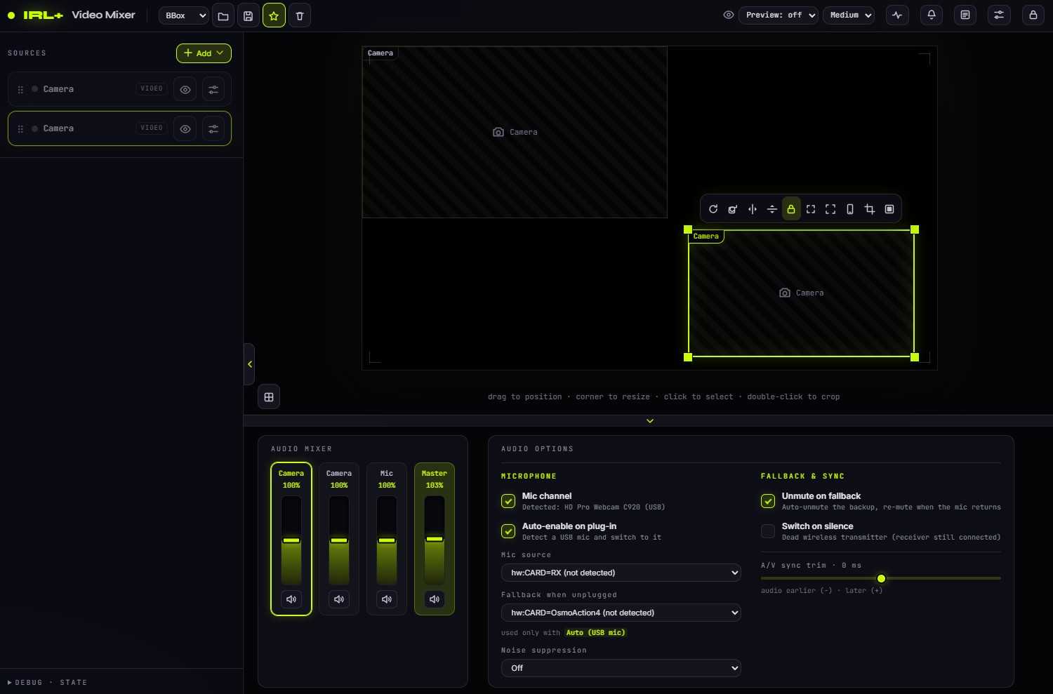 The IRL+ Video Mixer panel: a multi-camera layout on the canvas with the audio mixer below