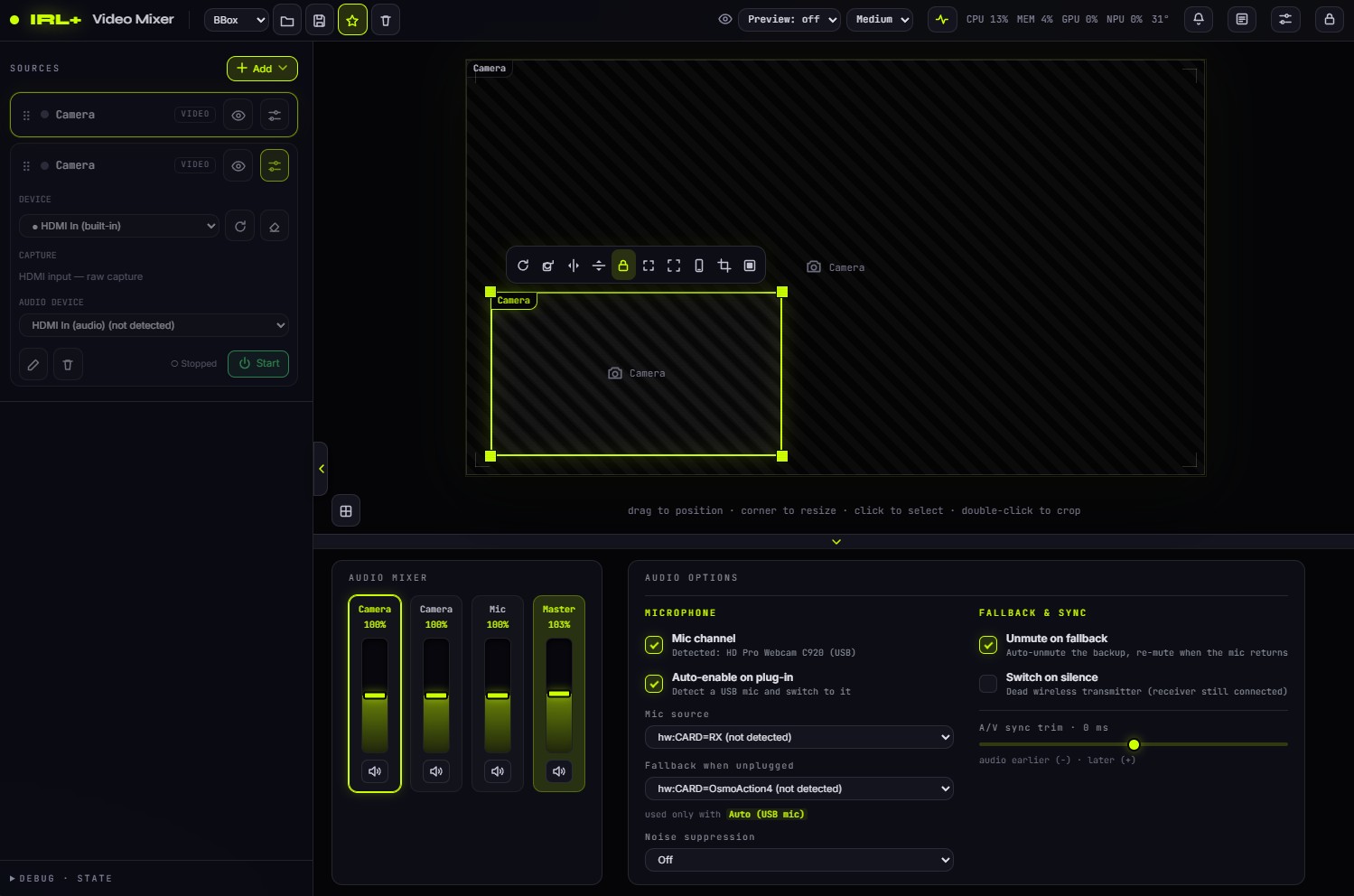 A source's capture and audio settings open in the panel, with live system stats in the header